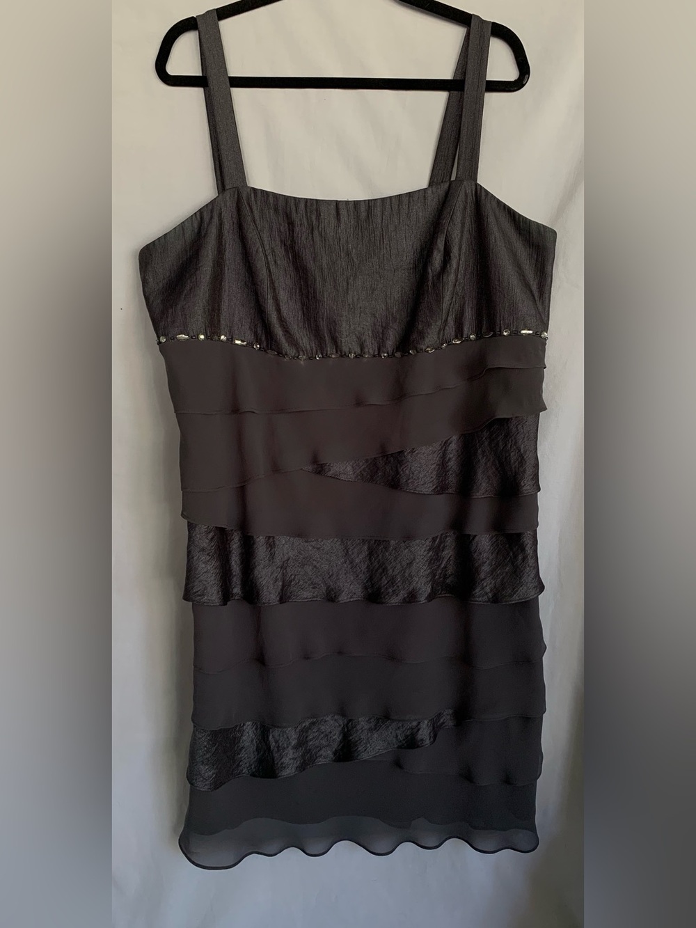 S.L. Fashions Dark Gray Tiered Ruffle Camisole Dress with Beaded Trim